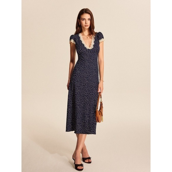 Commense Polka Dot Midi Dress Lace Trim V Neck Short Sleeve Party Dress navy - Picture 1 of 7
